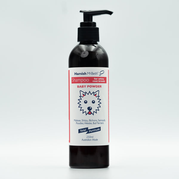 Hamish McBeth all Natural Westie & White dog shampoo concentrate with Baby Powder fragrance and natural optical brighteners to help whiten the coat. Free of soap, phosphates, parabens, sulphate and enzymes. 250mL