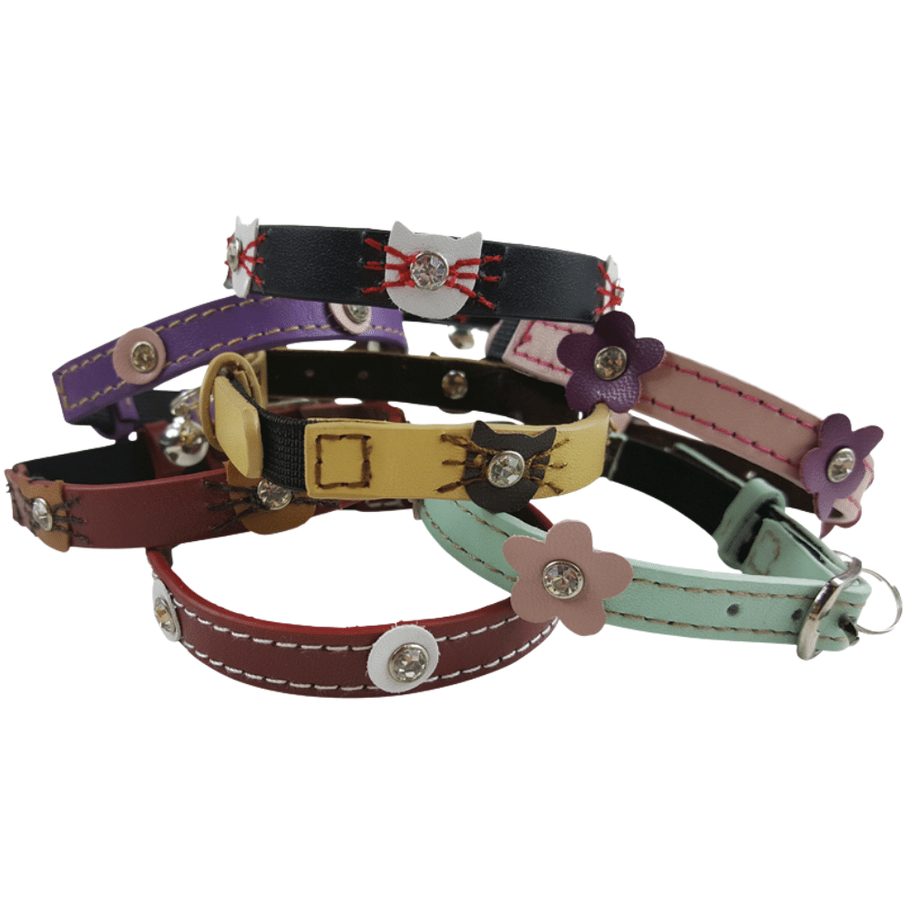 Hamish McBeth designer leather and diamante cat collars come in a range of colours and include an elastic insert for no-choke safety plus our unique bell giving you a stylish and practical collar for the fussiest cat. Pairs well with our super cute id tag