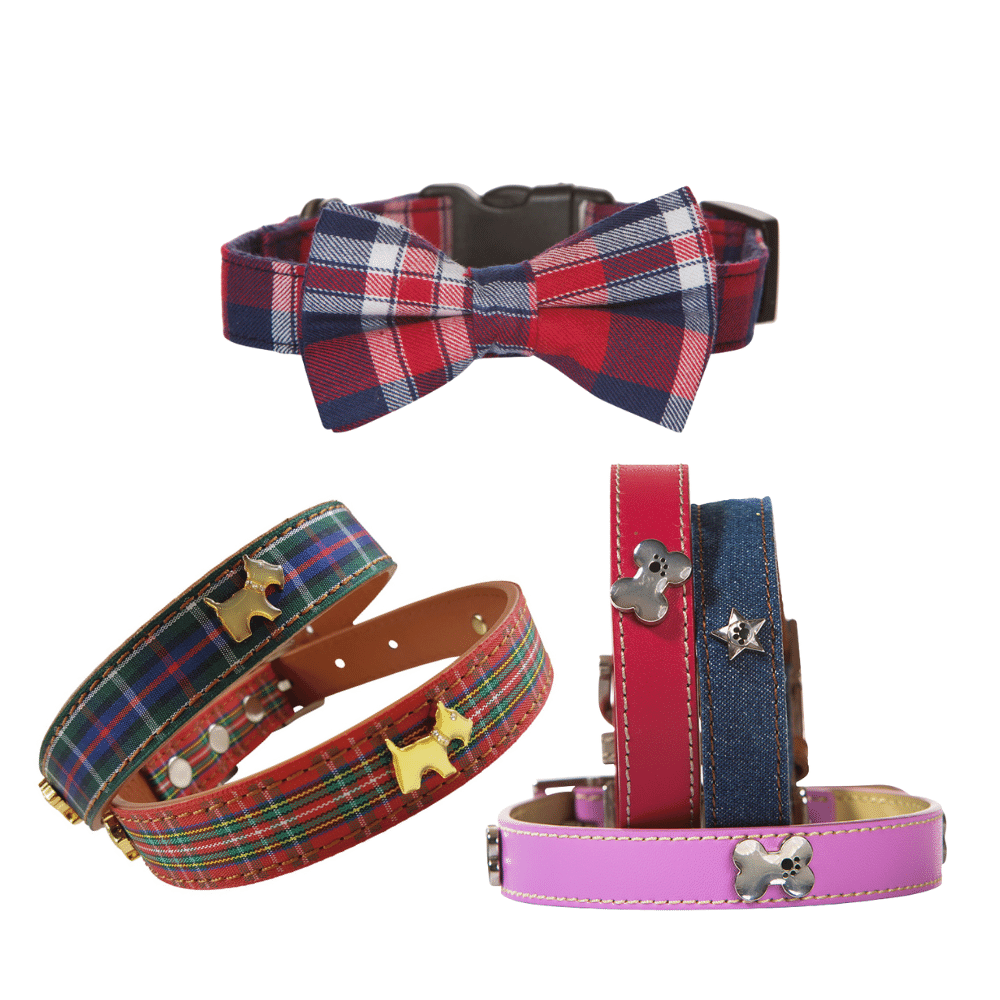 Hamish McBeth collars, leads and harnesses are unique and practical. Collection includes leather dog collars and leads in popular colours, tartan collars and harnesses, bow tie dog collars and swimmable leads and harness too. Sizes from small to large dog
