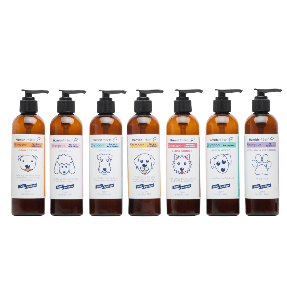 Hamish McBeth All Natural Pet Shampoo and Cologne are all made from all natural ingredients, organic extracts and essential oils. They are free from soap, phosphates or parabens providing a deep clean whilst smelling great.