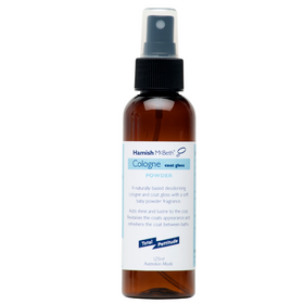Hamish McBeth Baby Powder Dog Cologne is a naturally based, plant derived dog cologne and coat gloss with conditioning agents. Deodorises and adds shine and lustre to the coat, is non-oily and repels dirt and dust. Unique baby powder fragrance that lasts up to 10 days. Great on pet bedding too!