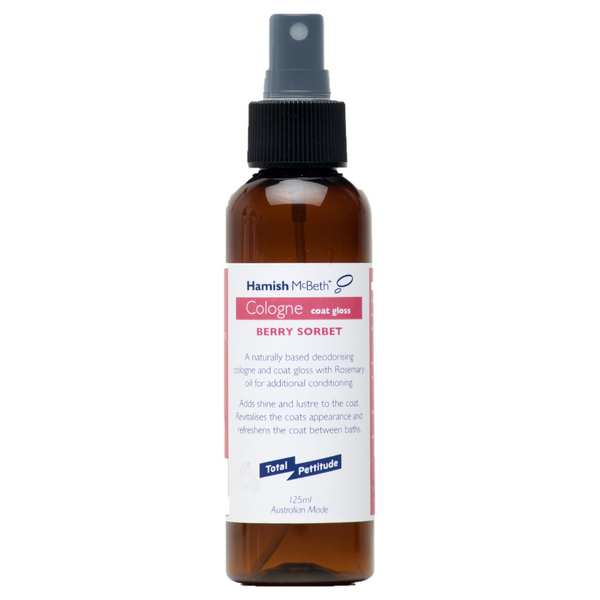 Hamish McBeth Berry Dog Cologne is naturally based, plant derived cologne with conditioning agents to protect the coat and repels dirt. Deodorises and adds shine and lustre to the coat and is non-oily. The natural berry extract fragrance will last up to 10 days. Great on pet bedding too!