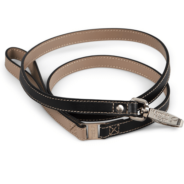 Hamish McBeth black  slim leather dog lead with a beige handle and matching stitching to suit any black collar or dog harness.  Vegetable-dyed luxury top grain leather.  