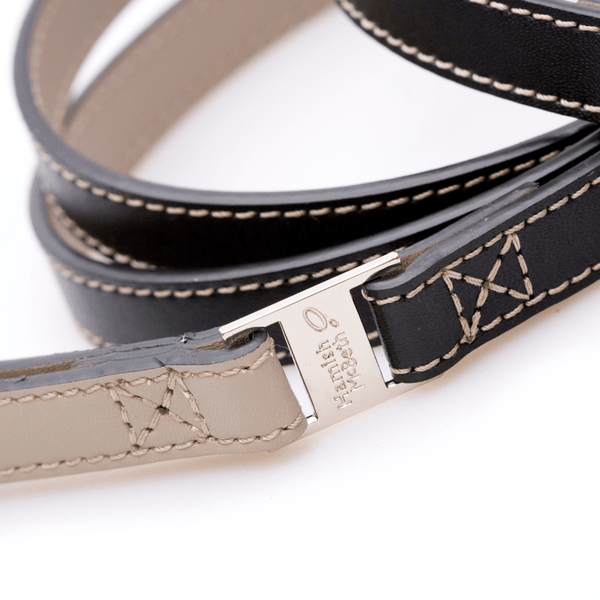 Hamish McBeth black  slim leather dog lead with a beige handle and matching stitching to suit any black collar or dog harness.  Vegetable-dyed luxury top grain leather.  