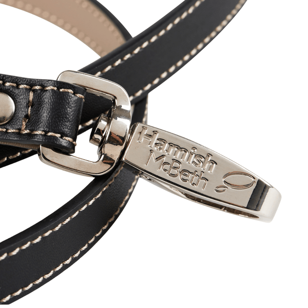 Hamish McBeth black  slim leather dog lead with a beige handle and matching stitching to suit any black collar or dog harness.  Vegetable-dyed luxury top grain leather.  