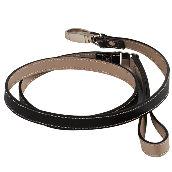 Hamish McBeth black  slim leather dog lead with a beige handle and matching stitching to suit any black collar or dog harness.  Vegetable-dyed luxury top grain leather.  