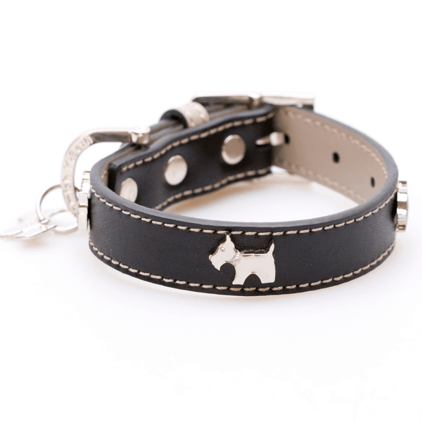 Hamish McBeth classic black dog collar made from high quality super soft top grain real leather. This bling dog collar comes in black leather with contrasting beige detail and stitching. Dog studs with Czech crystals are protected with clear lacquer for a long life.