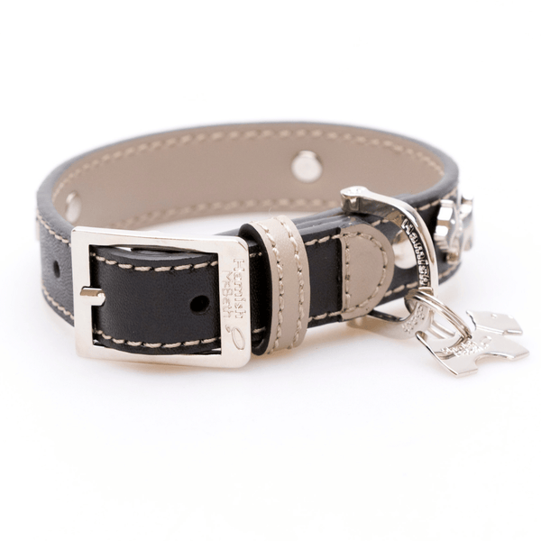 Hamish McBeth classic black dog collar made from high quality super soft top grain real leather. This bling dog collar comes in black leather with contrasting beige detail and stitching. Dog studs with Czech crystals are protected with clear lacquer for a long life.