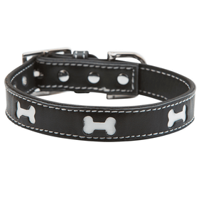 Hamish McBeth black designer leather dog collar with bone shaped cutouts highlighting white leather. This great design is perfect for the stylish dog with super soft Nappa leather. Matching lead available.