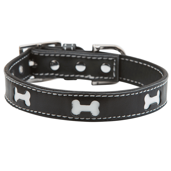 Hamish McBeth black designer leather dog collar with bone shaped cutouts highlighting white leather. This great design is perfect for the stylish dog with super soft Nappa leather. Matching lead available.
