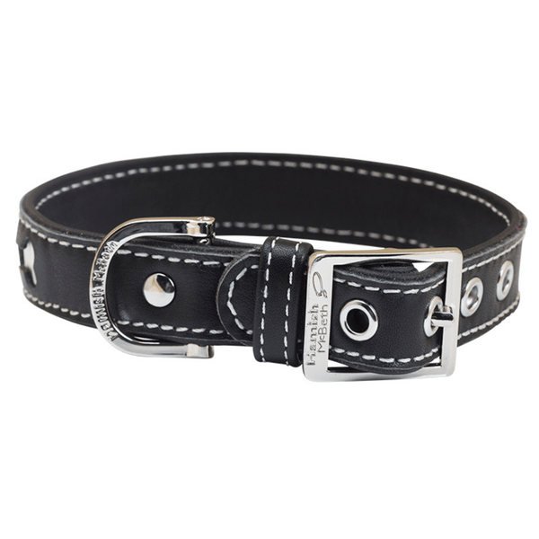 Hamish McBeth black designer leather dog collar with bone shaped cutouts highlighting white leather. This great design is perfect for the stylish dog with super soft Nappa leather. Matching lead available.