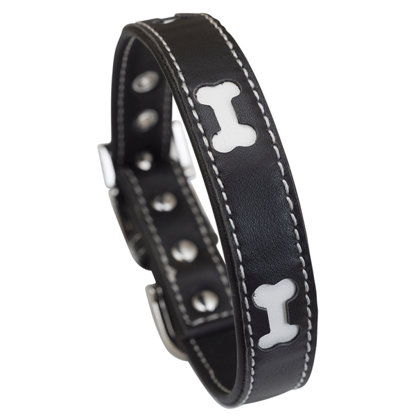 Hamish McBeth black designer leather dog collar with bone shaped cutouts highlighting white leather. This great design is perfect for the stylish dog with super soft Nappa leather. Matching lead available.