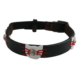 Hamish McBeth exclusive design makes this black leather cat collar great for the playful cat. The fun design has a cat face with diamantes and whiskers plus contrasting colours that make it super comfortable for your feline friend and includes a unique bell for safety.