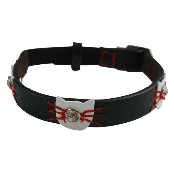 Hamish McBeth exclusive design makes this black leather cat collar great for the playful cat. The fun design has a cat face with diamantes and whiskers plus contrasting colours that make it super comfortable for your feline friend and includes a unique bell for safety.