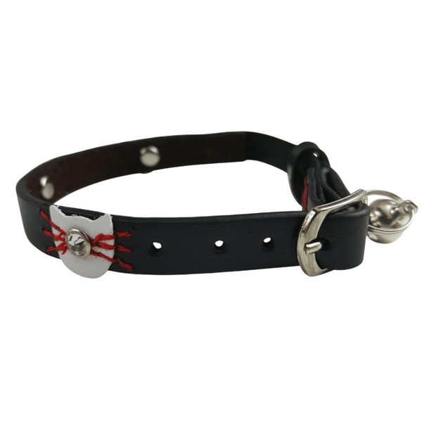 Hamish McBeth exclusive design makes this black leather cat collar great for the playful cat. The fun design has a cat face with diamantes and whiskers plus contrasting colours that make it super comfortable for your feline friend and includes a unique bell for safety.