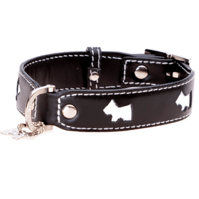 Hamish McBeth designer leather dog collar with terrier cut-outs highlighting white leather comes in black with contrasting white stitching. Matching lead available.