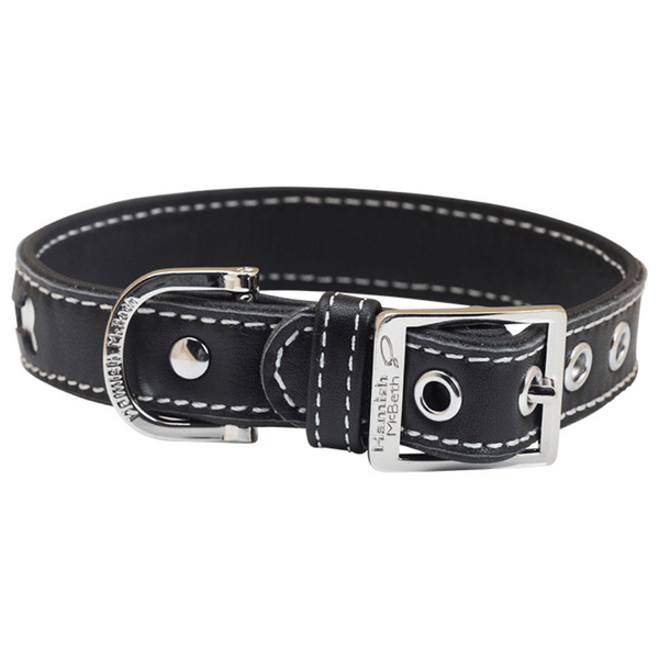 Hamish McBeth designer leather dog collar with terrier cut-outs highlighting white leather comes in black with contrasting white stitching. Matching lead available.