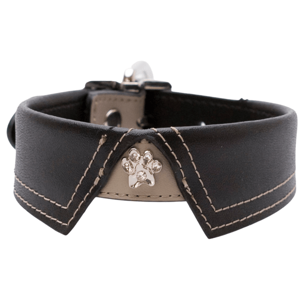 Hamish McBeth stunning leather dog collar that looks like a shirt collar. With a design that takes the best of London style, this dog collar comes in black with contrasting beige leather detail and stitching plus a real Czech crystal paw stud.