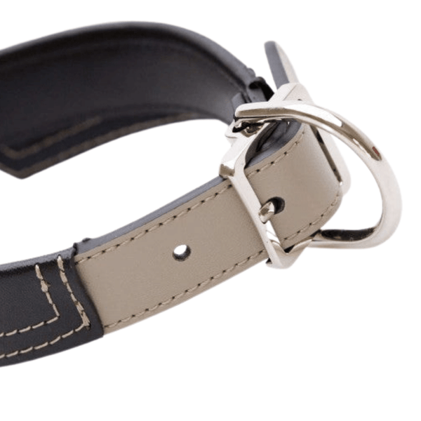 Hamish McBeth stunning leather dog collar that looks like a shirt collar. With a design that takes the best of London style, this dog collar comes in black with contrasting beige leather detail and stitching plus a real Czech crystal paw stud.