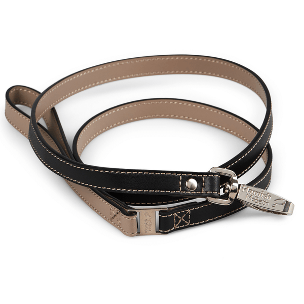 Hamish McBeth matching black and grey leather leash made from luxury top grain Nappa leather with a smooth buttery texture with quick release strong nickle branded clasp. Matches with our black bling collars and leather dog collars.