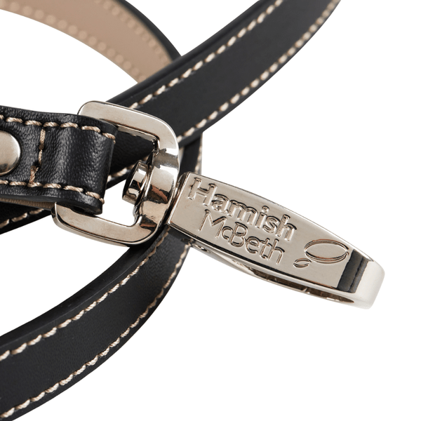 Hamish McBeth matching black and grey leather leash made from luxury top grain Nappa leather with a smooth buttery texture with quick release strong nickle branded clasp. Matches with our black bling collars and leather dog collars.