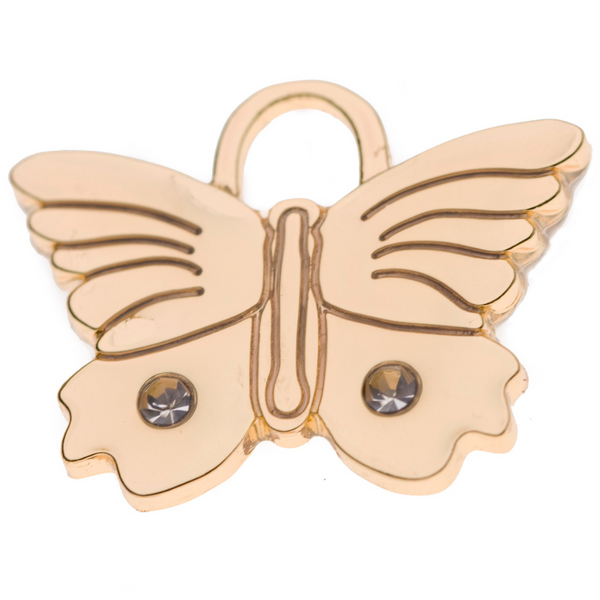 Hamish McBeth butterfly design pet id tag with large Czech crystals. Custom designed, this tag is durable and unique. Free laser engraving with contact details and has a thick protective coating. Rustproof, thick, heavy duty metal. Available in gold or silver. Size 3.5 x 2.5cm