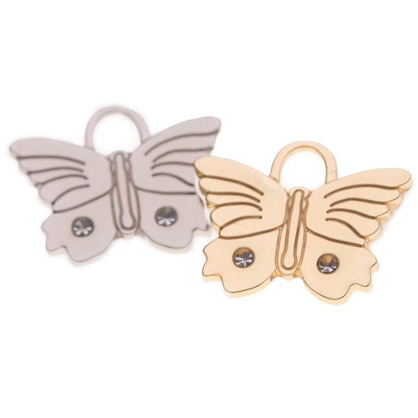 Hamish McBeth butterfly design pet id tag with large Czech crystals. Custom designed, this tag is durable and unique. Free laser engraving with contact details and has a thick protective coating. Rustproof, thick, heavy duty metal. Available in gold or silver. Size 3.5 x 2.5cm