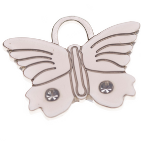 Hamish McBeth butterfly design pet id tag with large Czech crystals. Custom designed, this tag is durable and unique. Free laser engraving with contact details and has a thick protective coating. Rustproof, thick, heavy duty metal. Available in gold or silver. Size 3.5 x 2.5cm