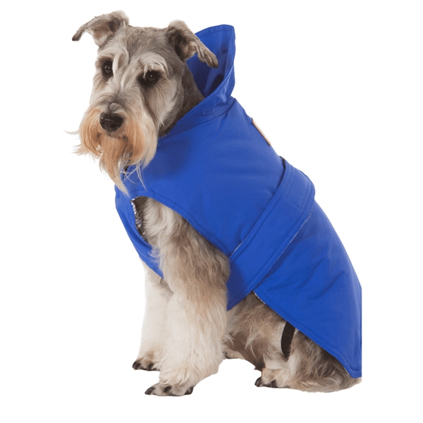 Hamish McBeth blue all-weather dog coat is windproof and water-resistant  is an outdoor gear essential. The unique design of our dog coat allows it to wrap around the chest area to cover and provide extra protection. Easy to fit with velcro straps on top. and is fully quilted for extra warmth. Available in 6 sizes for small  to large dogs.
