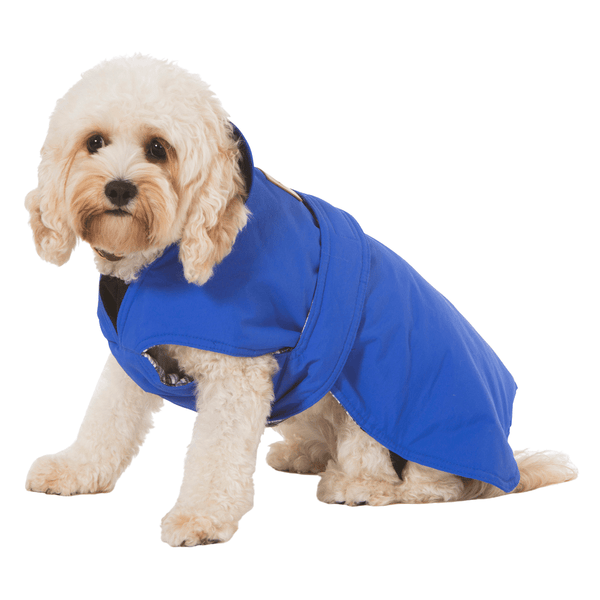 Hamish McBeth blue all-weather dog coat is windproof and water-resistant  is an outdoor gear essential. The unique design of our dog coat allows it to wrap around the chest area to cover and provide extra protection. Easy to fit with velcro straps on top. and is fully quilted for extra warmth. Available in 6 sizes for small  to large dogs.