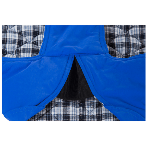 Hamish McBeth blue all-weather dog coat is windproof and water-resistant  is an outdoor gear essential. The unique design of our dog coat allows it to wrap around the chest area to cover and provide extra protection. Easy to fit with velcro straps on top. and is fully quilted for extra warmth. Available in 6 sizes for small  to large dogs.
