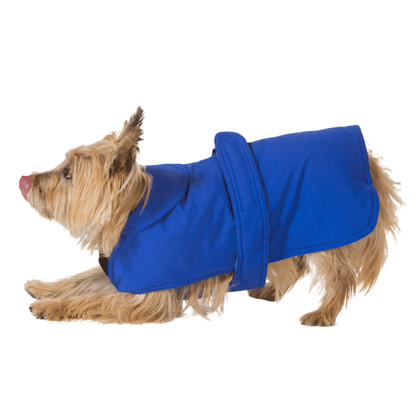 Hamish McBeth blue all-weather dog coat is windproof and water-resistant  is an outdoor gear essential. The unique design of our dog coat allows it to wrap around the chest area to cover and provide extra protection. Easy to fit with velcro straps on top. and is fully quilted for extra warmth. Available in 6 sizes for small  to large dogs.