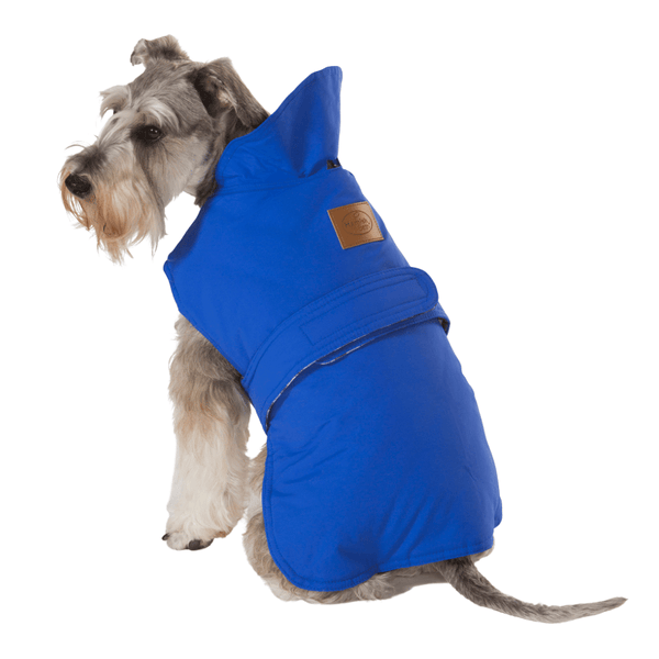 Hamish McBeth blue all-weather dog coat is windproof and water-resistant  is an outdoor gear essential. The unique design of our dog coat allows it to wrap around the chest area to cover and provide extra protection. Easy to fit with velcro straps on top. and is fully quilted for extra warmth. Available in 6 sizes for small  to large dogs.