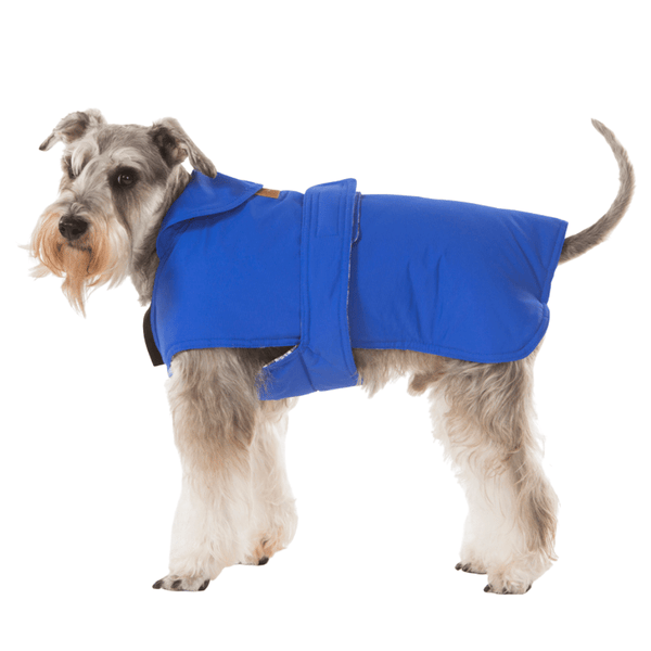 Hamish McBeth blue all-weather dog coat is windproof and water-resistant  is an outdoor gear essential. The unique design of our dog coat allows it to wrap around the chest area to cover and provide extra protection. Easy to fit with velcro straps on top. and is fully quilted for extra warmth. Available in 6 sizes for small  to large dogs.