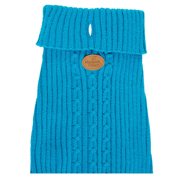 Hamish McBeth 100% Mongolian pure wool dog jumper in blue is hand loomed with a roll neck cable knit design that makes this knitted dog jumper warm and comfortable. Available in 6 sizes