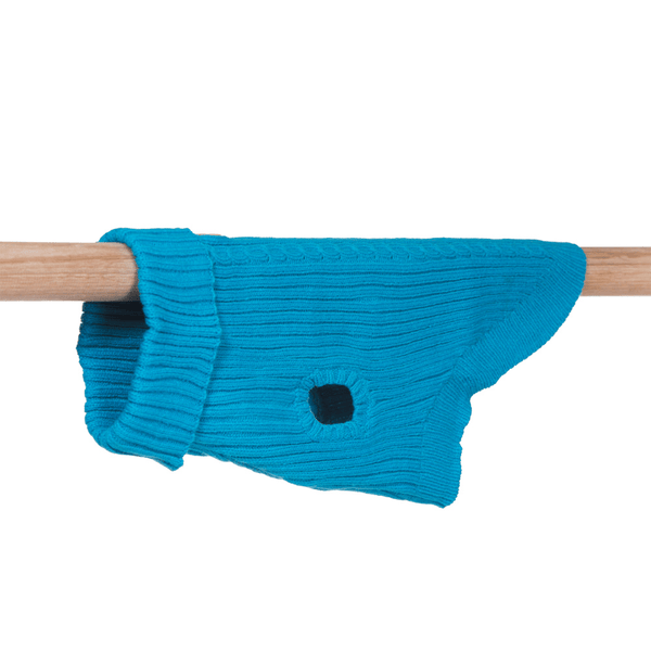 Hamish McBeth 100% Mongolian pure wool dog jumper in blue is hand loomed with a roll neck cable knit design that makes this knitted dog jumper warm and comfortable. Available in 6 sizes