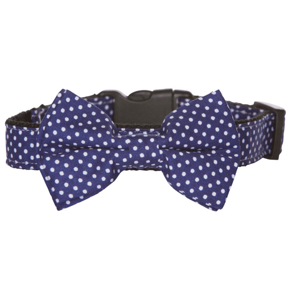Hamish McBeth exclusive blue dot bowtie is an adjustable collar and includes a removable bow tie giving you the option to dress it up or down as mood suits you and your pup. Handmade from quality cotton fabric and strong yet soft webbing that provides best style and comfort.