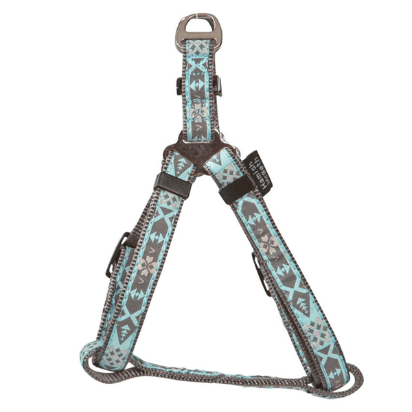Our summer blue Swimmable webbing harness is perfect for outdoor walks and playing in the water or mud.  It is made with extra strong stitching, is rust proof and can be easily washed after rolling in the mud. Matching lead and collar available.