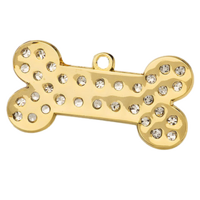 Hamish McBeth stylish bone shaped pet id tag with brilliant Czech crystals. Custom designed, durable and unique. Thick, heavy duty metal, rustproof, split ring included and free engraving. Available in gold or silver. Size: 4.7 x 2.5cm