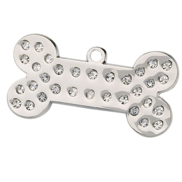 Hamish McBeth stylish bone shaped pet id tag with brilliant Czech crystals. Custom designed, durable and unique. Thick, heavy duty metal, rustproof, split ring included and free engraving. Available in gold or silver. Size: 4.7 x 2.5cm