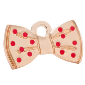 Hamish McBeth unique cute bowtie pet ID tag with red painted dots. Thick, heavy duty metal and rustproof. Free laser engraving with a polished mirror finish and a thick protective coating. Split ring included. Available in gold or silver. Size: 3 x 1.5cm
