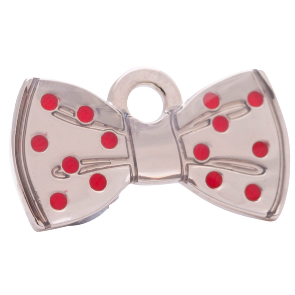 Hamish McBeth unique cute bowtie pet ID tag with red painted dots. Thick, heavy duty metal and rustproof. Free laser engraving with a polished mirror finish and a thick protective coating. Split ring included. Available in gold or silver. Size: 3 x 1.5cm