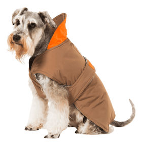Hamish McBeth earth brown all-weather dog coat is windproof and water-resistant with orange highlights is an outdoor gear essential. The unique design of our dog coat allows it to wrap around the chest area to cover and provide extra protection. Easy to fit with velcro straps on top. and is fully quilted for extra warmth. Available in 6 sizes for small  to large dogs.