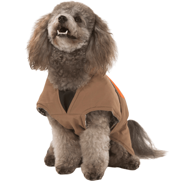 Hamish McBeth earth brown all-weather dog coat is windproof and water-resistant with orange highlights is an outdoor gear essential. The unique design of our dog coat allows it to wrap around the chest area to cover and provide extra protection. Easy to fit with velcro straps on top. and is fully quilted for extra warmth. Available in 6 sizes for small  to large dogs.