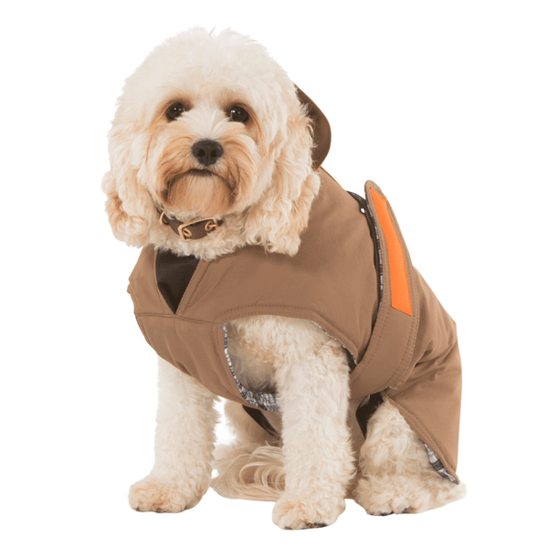 Hamish McBeth earth brown all-weather dog coat is windproof and water-resistant with orange highlights is an outdoor gear essential. The unique design of our dog coat allows it to wrap around the chest area to cover and provide extra protection. Easy to fit with velcro straps on top. and is fully quilted for extra warmth. Available in 6 sizes for small  to large dogs.