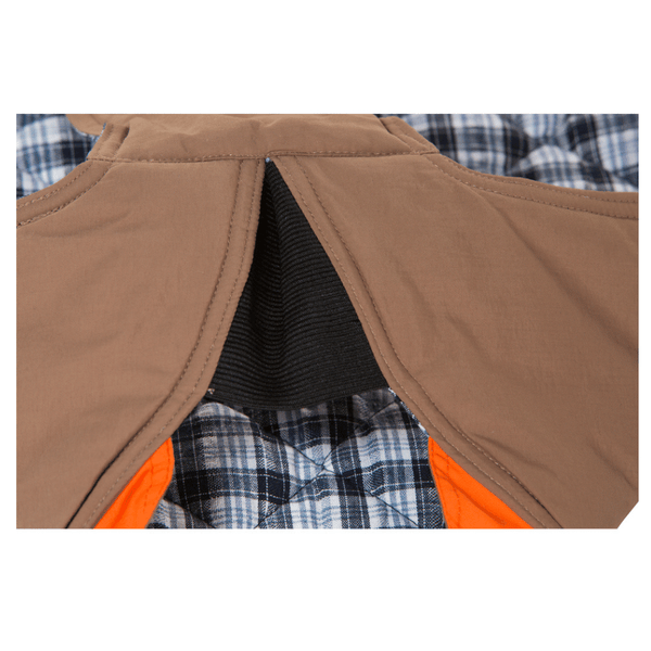 Hamish McBeth earth brown all-weather dog coat is windproof and water-resistant with orange highlights is an outdoor gear essential. The unique design of our dog coat allows it to wrap around the chest area to cover and provide extra protection. Easy to fit with velcro straps on top. and is fully quilted for extra warmth. Available in 6 sizes for small  to large dogs.
