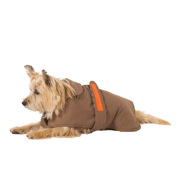 Hamish McBeth earth brown all-weather dog coat is windproof and water-resistant with orange highlights is an outdoor gear essential. The unique design of our dog coat allows it to wrap around the chest area to cover and provide extra protection. Easy to fit with velcro straps on top. and is fully quilted for extra warmth. Available in 6 sizes for small  to large dogs.