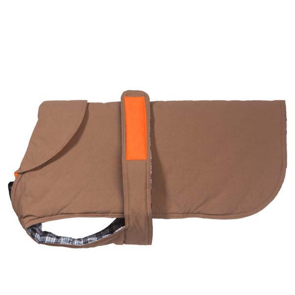 Hamish McBeth earth brown all-weather dog coat is windproof and water-resistant with orange highlights is an outdoor gear essential. The unique design of our dog coat allows it to wrap around the chest area to cover and provide extra protection. Easy to fit with velcro straps on top. and is fully quilted for extra warmth. Available in 6 sizes for small  to large dogs.