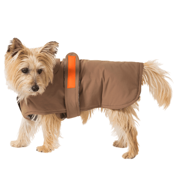 Hamish McBeth earth brown all-weather dog coat is windproof and water-resistant with orange highlights is an outdoor gear essential. The unique design of our dog coat allows it to wrap around the chest area to cover and provide extra protection. Easy to fit with velcro straps on top. and is fully quilted for extra warmth. Available in 6 sizes for small  to large dogs.