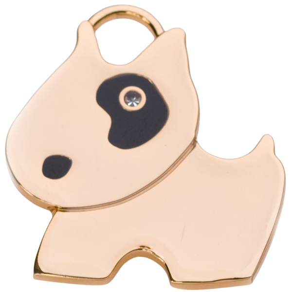 Hamish McBeth unique bull terrier designed pet id tag with a cute black nose and a real Czech crystal eye. Custom designed, durable, rustproof thick heavy duty metal with a thick protective coating. Split ring included. Available in gold or silver. Free laser engraving with a polished mirror finish. Size 3.8 x 3cm